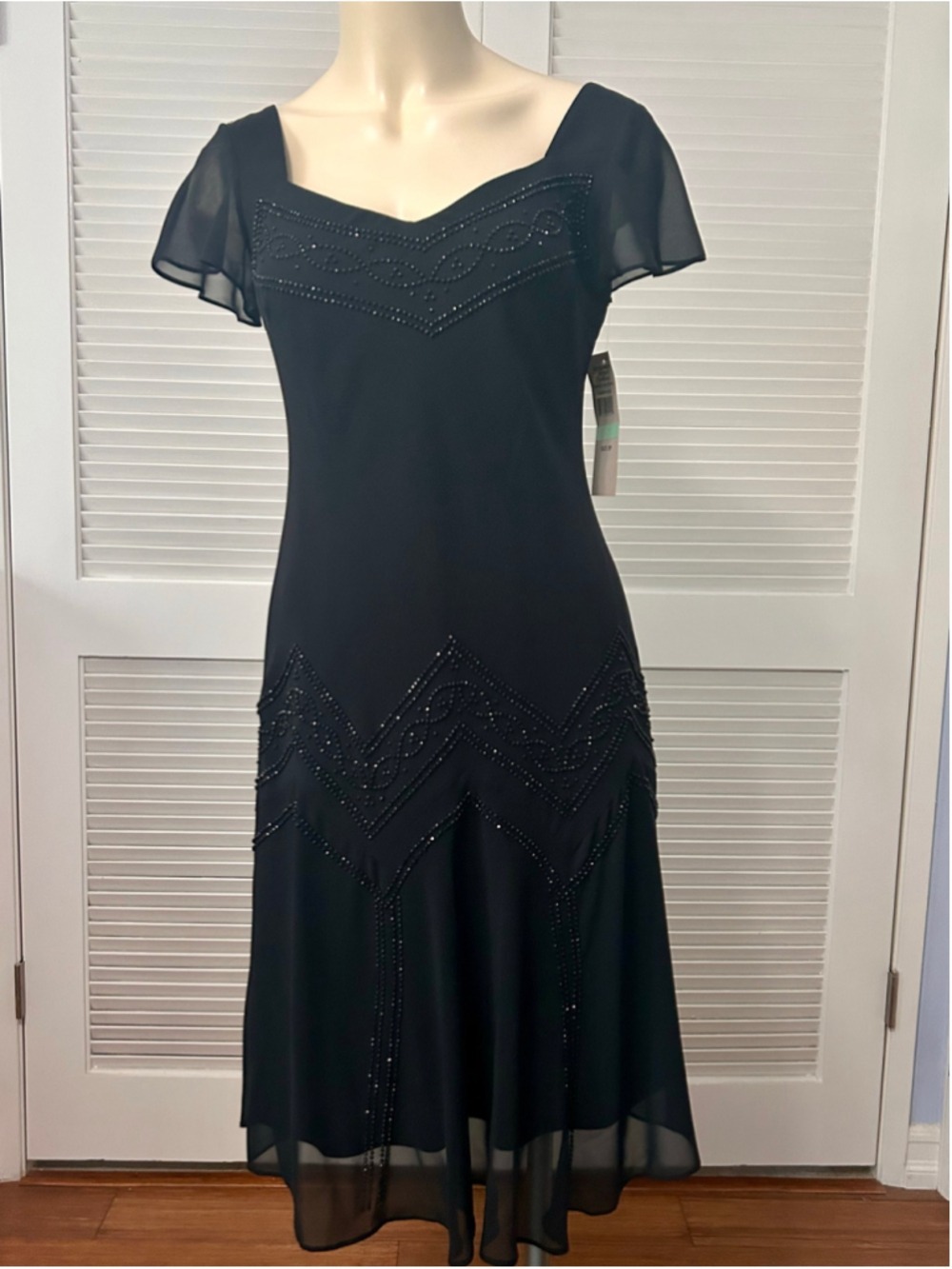 Vintage S.L. Fashions Black Beaded Y2K Art Deco Flapper Dress 8P